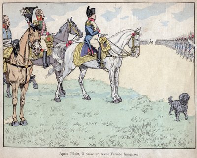 Na Tilsit - Napoleon inspecteert het Franse leger na het ondertekenen van de Verdragen van Tilsit, 7 juli 1807 - lithografie door Job (Jacques Onfroy de Breville) uit 