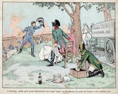 Slag bij Aspern Essling - Napoleon ontvangt nieuws over de dood van maarschalk Lannes 1809 - lithografie door Job (Jacques Onfroy de Breville) uit Le Grand Napoleon des Petites door pseudonym for Onfray de Breville Jacques Job