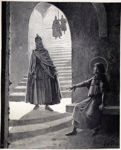 Wees een christen, ik zal je ridder maken, de woorden van Lodewijk IX, gezegd tegen een Saraceense leider die de gevangenis binnenkwam om zichzelf tot ridder te maken. Illustratie van Job (Jacques Marie Gaston Onfray en Breville) door pseudonym for Onfray de Breville Jacques Job