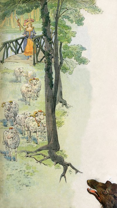 Herder die zijn schapen hoedt in het veld, onder de dreigende blik van een wolf - Illustratie door Job (Jacques Marie Gaston Onfroy de Breville) voor het boek "La Cantiniere" door G. Montorgueil, circa 1900 door pseudonym for Onfray de Breville Jacques Job
