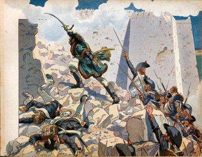 Campagne (Expeditie) van Egypte: Joachim Murat (1767-1815) bij het beleg van Sint-Jan van Acre in Egypte. Gravure door Jacques Marie Gaston Onfray de Breville, genaamd Job door pseudonym for Onfray de Breville Jacques Job