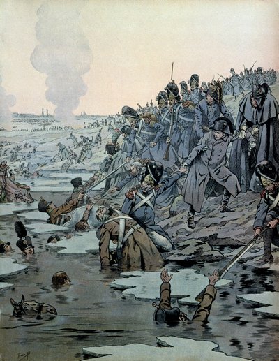 Campagne van Oostenrijk (1805): Na de Slag bij Austerlitz redden Napoleon I Bonaparte (1769-1821) en zijn soldaten de Russen uit de ijzige meren op 2 december door pseudonym for Onfray de Breville Jacques Job