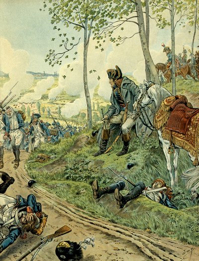 Veldtocht van Italië (1799-1800): Napoleon I Bonaparte (1769-1821) bij de Slag bij Marengo op 14 juni 1800 in Piëmont (Italië), tegenover de Napoleontische en Oostenrijkse legers. Illustratie door Jacques Marie Gaston Onfray de Breville, bekend als JOB (18 door pseudonym for Onfray de Breville Jacques Job