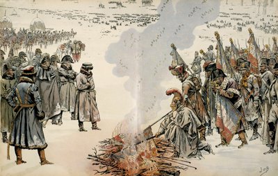Campagne van Rusland (1812): Tijdens de Russische terugtocht beval Napoleon I Bonaparte (1769-1821) om vlaggen en adelaars te verbranden om te voorkomen dat de vijand ze zou overnemen. In 