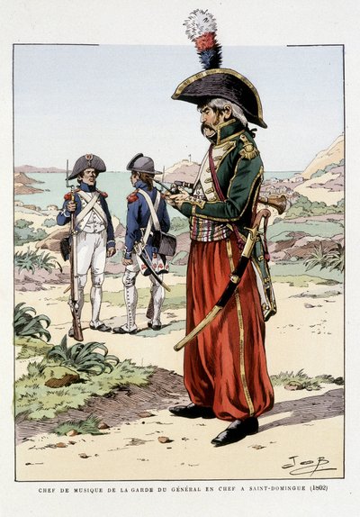 Chef de musique de la garde du général en chef à St Domingo en 1802 - in “Outfit des troupes de France: armee de terre et de mer à toutes les epoques”, ill. de Job door pseudonym for Onfray de Breville Jacques Job
