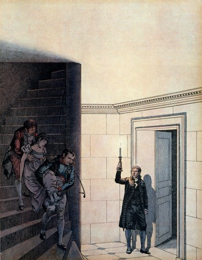 Keizer Napoleon I Bonaparte (1769-1821) en zijn kamerheer na de aankondiging van haar scheiding in 1809, de keizerin Josephine (1763-1814) was flauwgevallen in haar slaapkamer. In 
