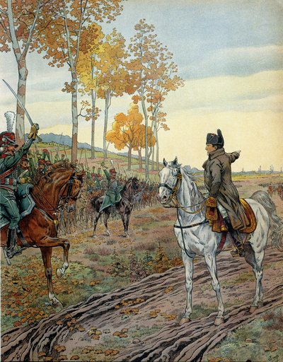 Keizer Napoleon I Bonaparte (1769-1821) toesprak het tweede regiment ruiterjagers in 1806 tijdens de campagne van Pruisen (Duitsland) voor de Slag bij Jena op 14 oktober 1806. In 