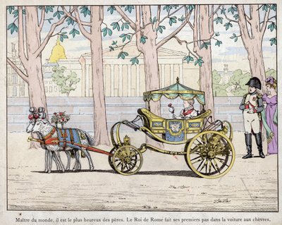 Keizer Napoleon I Bonaparte met zijn zoon Prins Napoleon Francois Charles Joseph Bonaparte, die koning van Rome Napoleon II werd genoemd - Napoleon kijkt toe hoe de koning van Italië (Napoleon II) zijn eerste stappen zet in een tuin door pseudonym for Onfray de Breville Jacques Job
