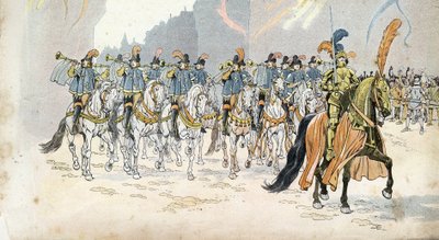 Intocht van koning Karel VI (1368-1422) in Parijs begeleid door dertig trompetten. in 