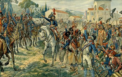 Eerste Italiaanse veldtocht (1796-1797): Napoleon I Bonaparte inspecteert het leger van Italië in Nice op 27 maart 1796. Illustratie door Jacques Marie Gaston Onfray de Breville, bekend als JOB. Privécollectie door pseudonym for Onfray de Breville Jacques Job