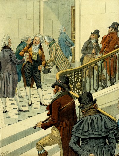 Eerste keizerrijk van Napoleon I Bonaparte: ontmoeting op de trap van de tuilerieën tussen terugkerende emigranten en de voormalige revolutionairen door pseudonym for Onfray de Breville Jacques Job