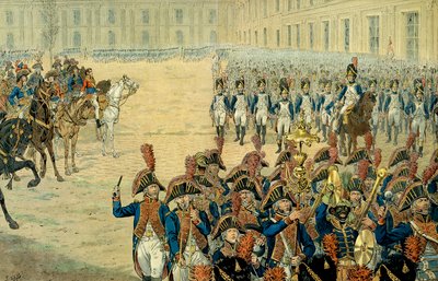 Eerste inspectie van de consulaire garde in de binnenplaats van de Tuilerieën door Napoleon I Bonaparte. Na de goedkeuring van de Grondwet in 1800 verhuisde de regering van Peer-Luxemburg naar de Tuilerieën. door pseudonym for Onfray de Breville Jacques Job