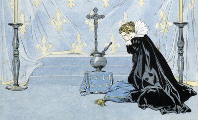 Frankrijk, vertegenwoordigd door een vrouw met een zwarte cape, rouwt om de dood van koning Hendrik IV (1553-1610). in 