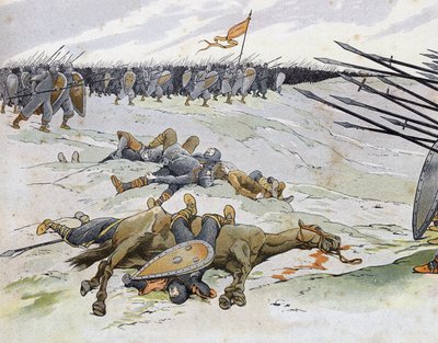 Frans-Engelse Oorlog (1202-1214): soldaten die stierven in de Slag bij Bouvines op 27/07/1214 die het Franse leger van Philippe Auguste tegenover de Vlaamse en Welfen van Othon IV stelde. in "Frankrijk, zijn verhaal verteld door G. Montorgueil, geïllustree door pseudonym for Onfray de Breville Jacques Job