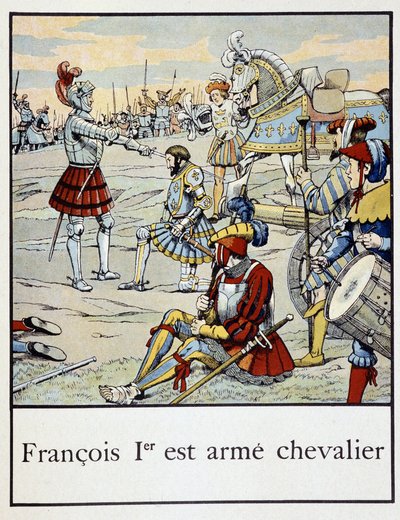 Francois 1er wordt tot ridder geslagen - in Petite histoire de France door Jacques Bainville, ed. Mane door pseudonym for Onfray de Breville Jacques Job