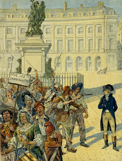 Franse Revolutie 1789: Napoleon I Bonaparte (1769-1821) bedreigd door de menigte van de sans-culottes op 10 augustus 1792 nabij het standbeeld van Lodewijk XIV (1638-1715) door Desjardins voordat het werd omvergeworpen, Place des Victoires in Parijs. Illus door pseudonym for Onfray de Breville Jacques Job