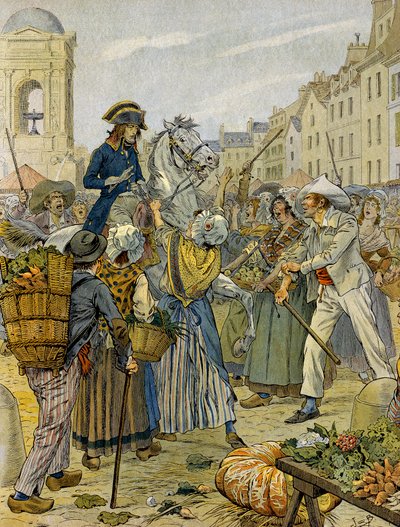 Franse Revolutie 1789: Napoleon I Bonaparte (1769-1821) gekozen door de revolutionaire bevolking en sans-culottes in Les Halles. Illustratie door Jacques Marie Gaston Onfray de Breville, bekend als JOB (1858-1931). Privécollectie door pseudonym for Onfray de Breville Jacques Job