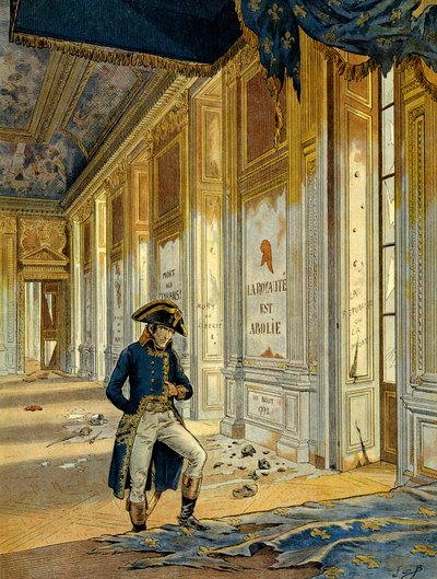 Franse Revolutie van 1789: Napoleon I Bonaparte in de Troonzaal van het Tuilerieënpaleis na de passage van de revolutionairen die de plaats hebben geplunderd door pseudonym for Onfray de Breville Jacques Job