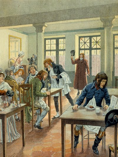 Franse Revolutie van 1789: Napoleon I Bonaparte jong bij de gargotier Justat, van de rue des petits peres in Parijs, gereduceerd tot een enkel gerecht dat hij betaalde voor 6 onder de portie. Illustratie door Jacques Marie Gaston Onfray de Breville door pseudonym for Onfray de Breville Jacques Job