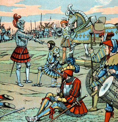 Franse koning François I wordt tot ridder geslagen door Bayard net na de slag bij Marignan op 14 september door pseudonym for Onfray de Breville Jacques Job
