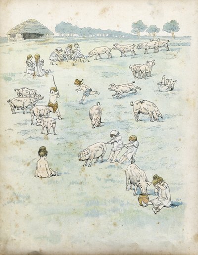 Gallische kinderen spelen met varkens in een veld. in "Frankrijk, zijn verhaal verteld door G. Montorgueil, geïllustreerd door Job" 1896. Privécollectie. door pseudonym for Onfray de Breville Jacques Job