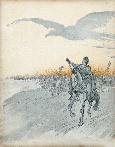 Gallische Oorlog: Gaius Julius Caesar (toen Jules Cesar) (100-44 v.Chr.) en zijn leger vallen Gallië binnen. De schaduw van een adelaar, symbool van het Romeinse Rijk, verschijnt in de lucht. in "Frankrijk, zijn verhaal verteld door G. Montorgueil, geïllus door pseudonym for Onfray de Breville Jacques Job