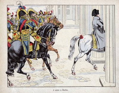 Hij betreedt Berlijn - de troepen van Napoleon I betreden Berlijn - 1806 - lithografie door Job (Jacques Onfroy de Bréville) uit Le Grand Napoléon des Petites Enfants 1893 door pseudonym for Onfray de Breville Jacques Job