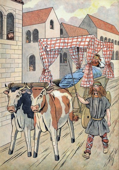 Geschiedenis van Frankrijk. Scène die luie koningen in speelgoed uitbeeldt: Koning van Frankrijk Thierry III (673-691) rijdt in een tank met een bed getrokken door ossen. In 