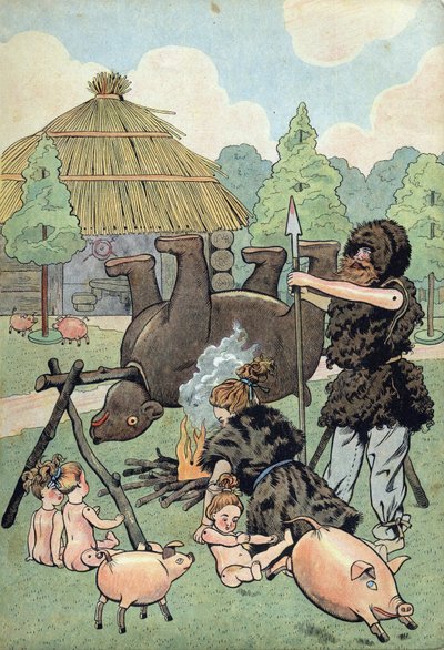 Geschiedenis van Frankrijk. Scène van barbaarse Gallië met speelgoed: een Galliër en een Galliër gekleed in beestenvacht koken een beer om hun familie te voeden. in 