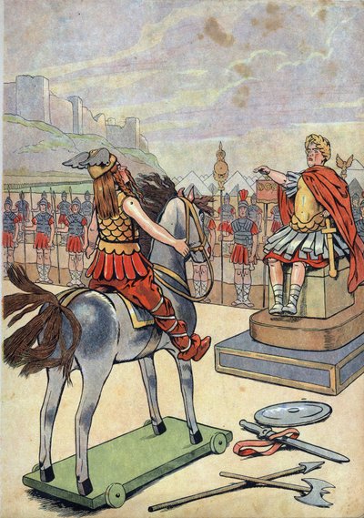 Geschiedenis van Frankrijk. Scène van Romeins Gallië met speelgoed: Gallische leider Vercingetorix (72-46 v.Chr.) gaat naar Romeinse leider Julius Caesar (100-44 v.Chr.) na de slag bij Alesia in 52 v.Chr. in 