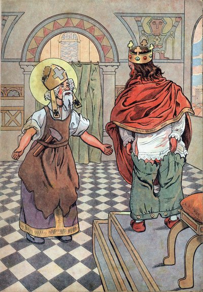 Geschiedenis van Frankrijk. Scène uit het leven van koning Dagobert met speelgoed: Saint Eloi wijst koning Dagobert I erop dat zijn broek achterstevoren zit. In 
