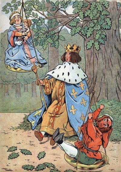 Geschiedenis van Frankrijk. Scène uit het leven van Saint Louis in speelgoed: koning Lodewijk IX, bekend als Saint Louis, spreekt recht aan de voet van een eik. In 