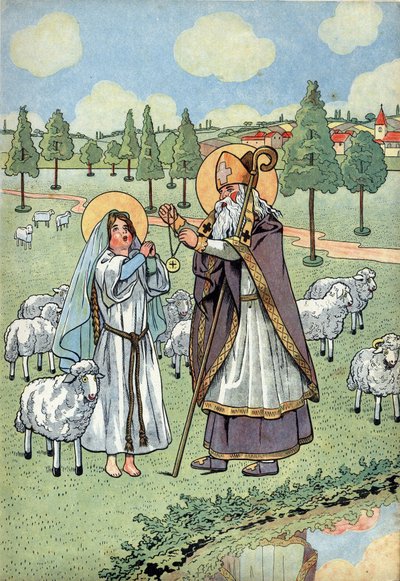 Geschiedenis van Frankrijk. Scène uit het leven van Sint Genevieve met speelgoed: De bisschop Saint Germain d