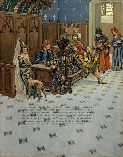 Geschiedenis van Frankrijk in de Middeleeuwen: Geboorte van Lodewijk (later koning Lodewijk XI de Voorzichtige (1423-1483)). Hij is aanwezig bij zijn vader koning Karel VII (1403-1461). Illustratie door Jacques Marie Gaston Onfray de Breville, bekend als J door pseudonym for Onfray de Breville Jacques Job