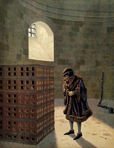 Geschiedenis van Frankrijk in de Middeleeuwen: Kardinaal Jean Balue (1422-1491) gevangene in een van de beroemde kooien van koning Lodewijk XI de Voorzichtige (1423-1483). Illustratie door Jacques Marie Gaston Onfray de Breville, bekend als JOB (1858-1931) door pseudonym for Onfray de Breville Jacques Job