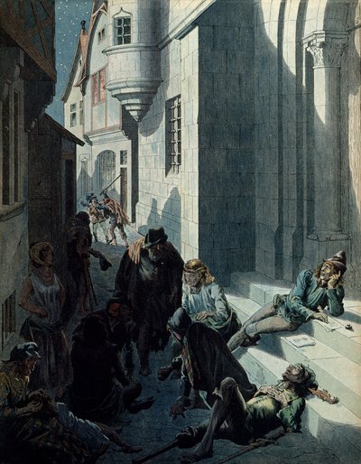 Geschiedenis van Frankrijk in de Middeleeuwen: Francois de Montcorbier bekend als Francois Villon (1431-1463?), dichter, die zijn werken componeert in de armoede van de straten van Parijs. Illustratie door Jacques Marie Gaston Onfray de Breville, bekend al door pseudonym for Onfray de Breville Jacques Job