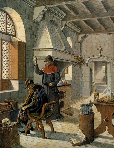 Geschiedenis van Frankrijk in de Middeleeuwen: Jacques Coictier, eerste arts van de koning van Frankrijk Lodewijk XI genaamd de Voorzichtige (1423-1483), bereidt een remedie voor hem. Illustratie door Jacques Marie Gaston Onfray de Breville, bekend als JOB door pseudonym for Onfray de Breville Jacques Job