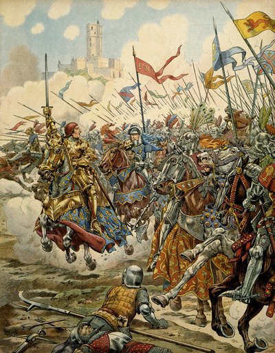 Geschiedenis van Frankrijk in de Middeleeuwen: Koning Lodewijk XI genaamd de Voorzichtige (1423-1483) aan het hoofd van zijn leger tijdens de Slag bij Montlhéry tegen de Ligue du Bien Public, 16 juli door pseudonym for Onfray de Breville Jacques Job