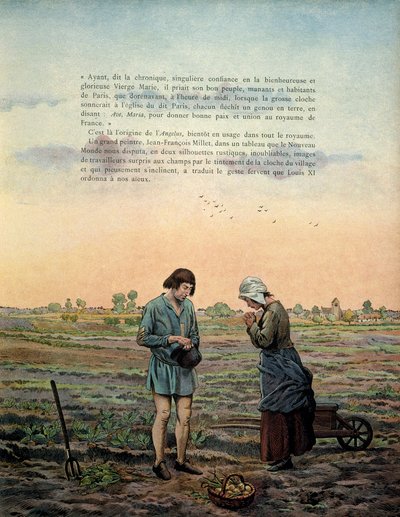 Geschiedenis van Frankrijk in de Middeleeuwen: Koning Lodewijk XI genaamd de Voorzichtige (1423-1483) stelt het gebed van de angelus in. Illustratie door Jacques Marie Gaston Onfray de Breville, bekend als JOB (1858-1931) door pseudonym for Onfray de Breville Jacques Job