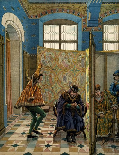 Geschiedenis van Frankrijk in de Middeleeuwen: Een van de heren van de Connetable van Saint Pol bespot de koning van Engeland (zijn bondgenoot) voor koning Lodewijk XI de Voorzichtige (1423-1483) wanneer een gezant van Edward IV Lodewijk ontmoet door pseudonym for Onfray de Breville Jacques Job