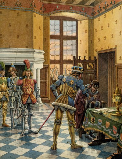 Geschiedenis van Frankrijk in de Middeleeuwen: ontmoeting van Peronne tussen 9 en 14 oktober 1468 tussen koning Lodewijk XI, bijgenaamd de Voorzichtige (1423-1483) en Karel de Stoute (1433-1477). Illustratie door Jacques Marie Gaston Onfray de Breville, ge door pseudonym for Onfray de Breville Jacques Job
