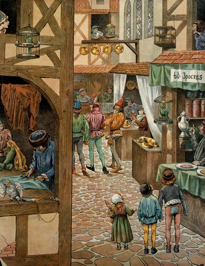 Geschiedenis van Frankrijk in de Middeleeuwen: Rue de Paris na koning Lodewijk XI, bekend als de Voorzichtige (1423-1483), het verdrag van Peronne met Karel de Stoute ondertekende. Parijzenaars hadden papegaaien gekocht die ze hadden geleerd 