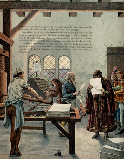 Geschiedenis van Frankrijk in de Middeleeuwen: koning Lodewijk XI, bijgenaamd de Voorzichtige (1423-1483), stimuleerde de groei van de drukkerij-industrie. De koning bezocht de Sorbonne in aanwezigheid van typografen Ulrich Gering door pseudonym for Onfray de Breville Jacques Job