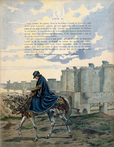 Geschiedenis van Frankrijk in de Middeleeuwen: De koning van Frankrijk Lodewijk XI, bijgenaamd de Voorzichtige, wandelt door de straten van Parijs en voor de Bastille gevangenis zonder opsmuk of escorte. Illustratie door Jacques Marie Gaston Onfray de Brev door pseudonym for Onfray de Breville Jacques Job