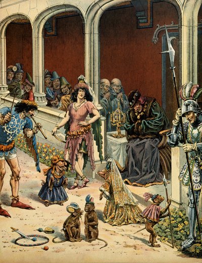 Geschiedenis van Frankrijk in de Middeleeuwen: Koning Lodewijk XI genaamd de Voorzichtige (1423-1483) veroudert in zijn kasteel van Plessis-les-Tours in gezelschap van zigeuners die kwamen vermaken. Illustratie door Jacques Marie Gaston Onfray de Breville, door pseudonym for Onfray de Breville Jacques Job