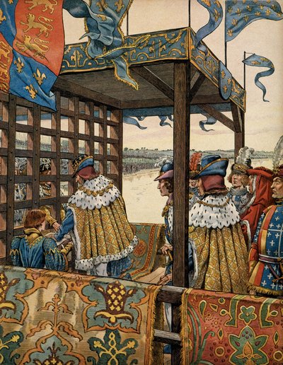 Geschiedenis van Frankrijk in de Middeleeuwen: ontmoeting tussen de koning van Frankrijk Lodewijk XI, bekend als de Voorzichtige (1423-1483), en Eduard IV van Engeland (1442-1483) in Picquigny voor de ondertekening van een zevenjarige wapenstilstand op 29  door pseudonym for Onfray de Breville Jacques Job
