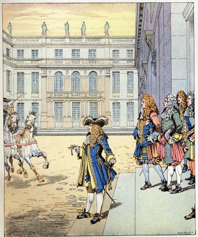 Ik heb bijna gewacht! de woorden van de koning van Frankrijk Lodewijk XIV, genaamd Zonnekoning (1638-1715), uitgesproken voor het kasteel van Versailles toen zijn koetsen precies op tijd arriveerden. Illustratie van Job (Jacques Marie Gaston Onfray de Brev door pseudonym for Onfray de Breville Jacques Job