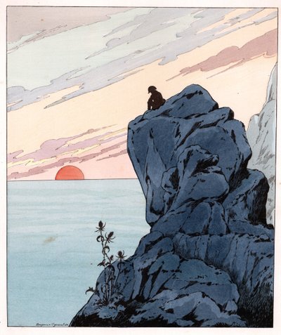 Ik kom, zoals Themistocles, om te zitten bij het Britse volk woorden van Napoleon I Bonaparte in een melancholische houding in ballingschap op een rots van het eiland Sint-Helena. Illustratie van Job (Jacques Marie Gaston Onfray en Breville) door pseudonym for Onfray de Breville Jacques Job