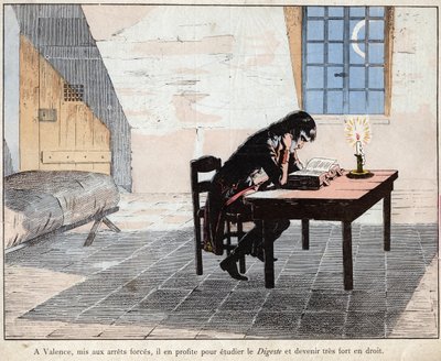 In Valencia (gevangenis) maakt Napoleon van de gelegenheid gebruik om de Digest te bestuderen en zeer sterk te worden in de wet - lithografie door Job (Jacques Onfroy de Breville) uit Le Grand Napoleon des Petites door pseudonym for Onfray de Breville Jacques Job