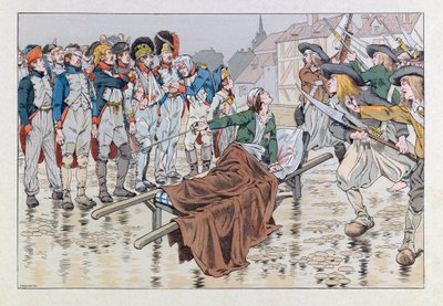 Illustratie uit het boek Les epees de France: De markies de Bonchamps dodelijk gewond na de slag bij Cholet in 1793 redt republikeinse gevangenen uit de handen van de chouans door pseudonym for Onfray de Breville Jacques Job